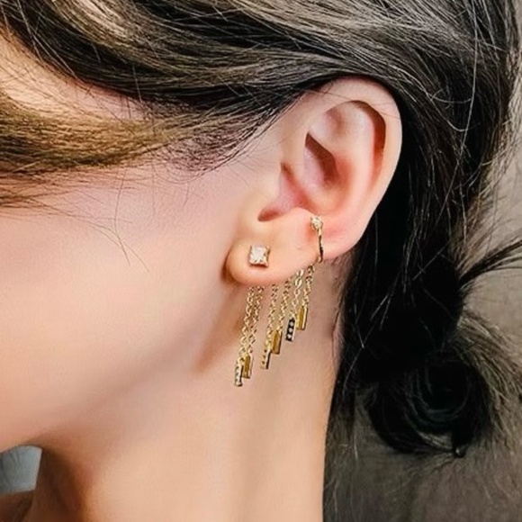 S 925 Dainty Crystal Bar Ear Cuff Earring Set, Short Dangle Pair - Picture 5 of 5